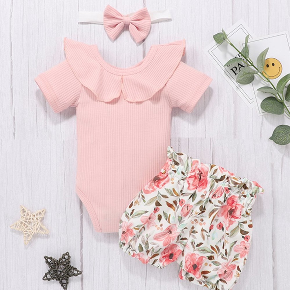 Pink Ribbed Bodysuit with Floral Shorts & Headband 3pcs Baby Outfit